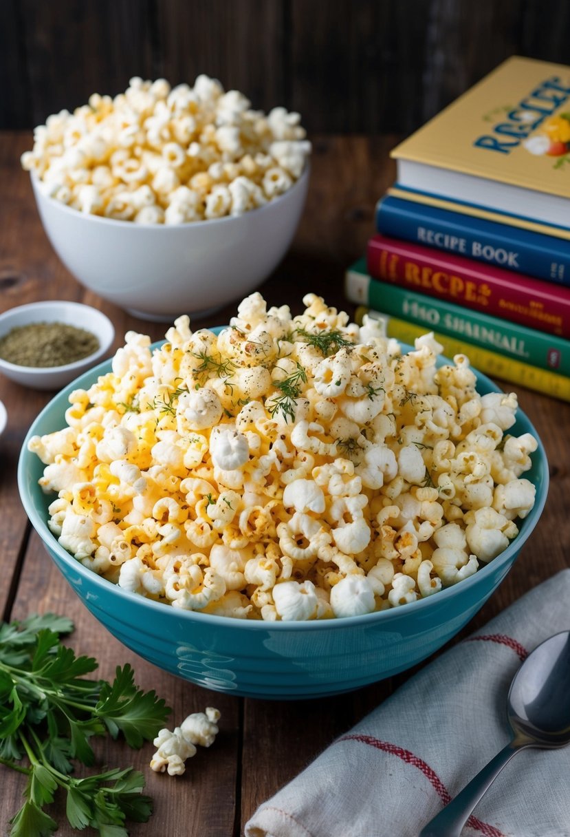 A large bowl of freshly popped popcorn, seasoned with various herbs and spices, sits on a wooden table next to a stack of recipe books