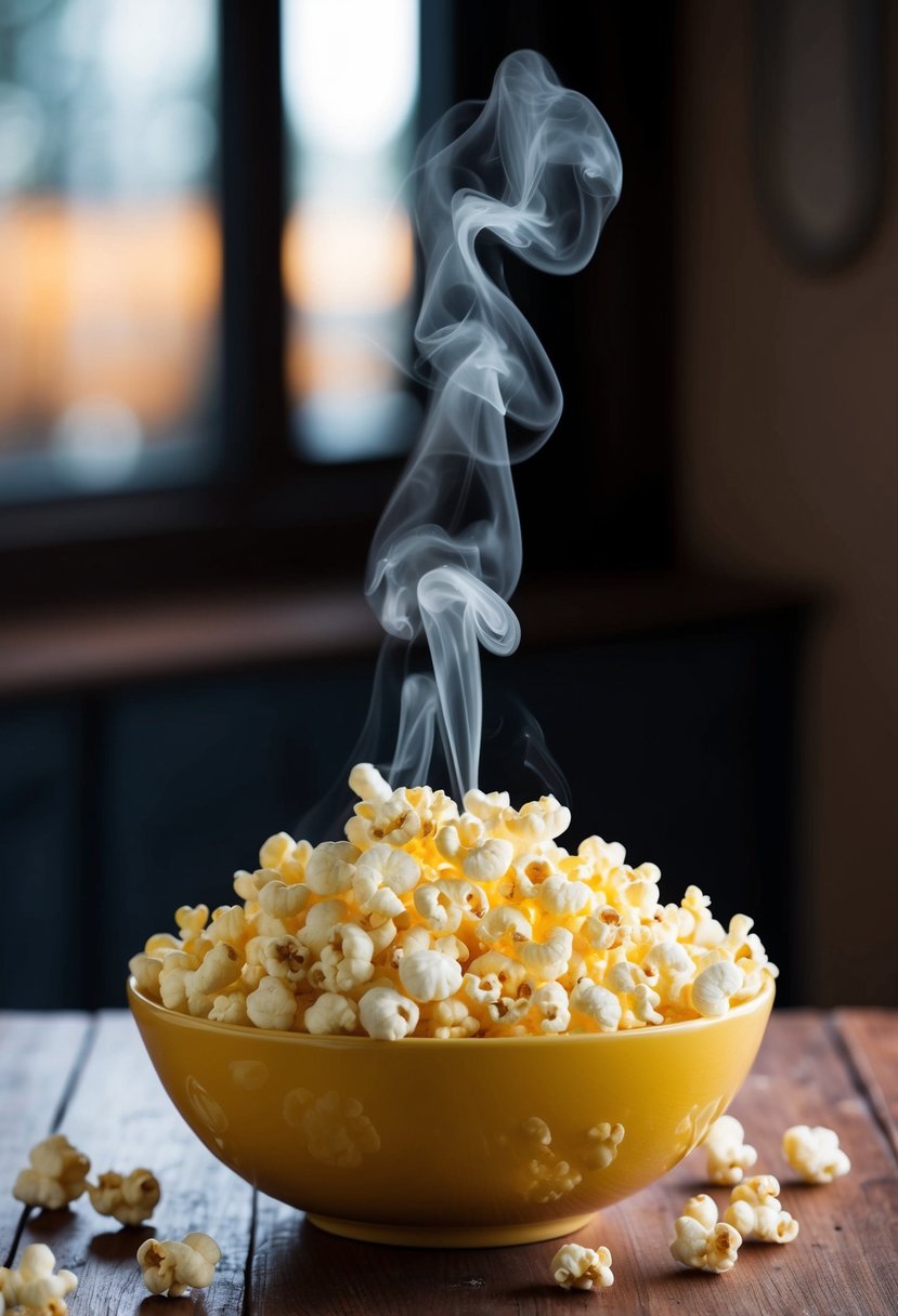 A bowl of freshly popped butter and salt popcorn sits on a wooden table, steam rising from the warm kernels