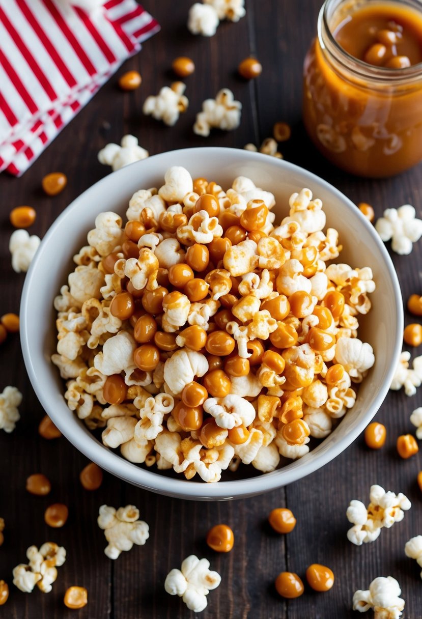 A bowl of caramel popcorn surrounded by scattered popcorn kernels and a jar of caramel sauce