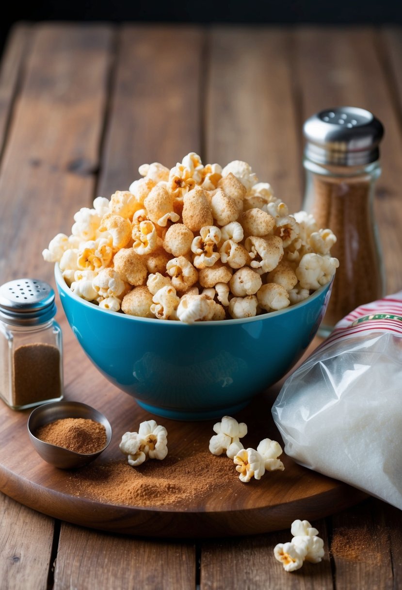 A bowl of freshly popped popcorn coated in cinnamon sugar, sitting on a wooden table next to a shaker of cinnamon and a bag of sugar