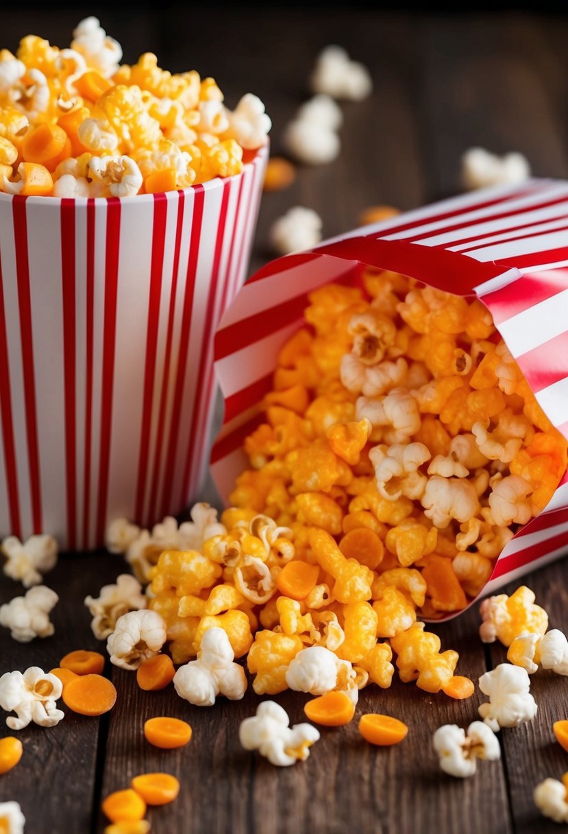 A bowl of Cheesy Cheddar Popcorn spills out from a red and white striped popcorn bag, with kernels scattered around