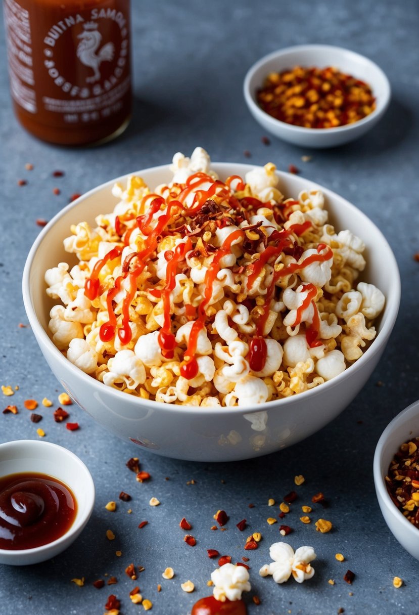 A bowl of spicy sriracha popcorn mix with scattered red pepper flakes and a drizzle of sriracha sauce