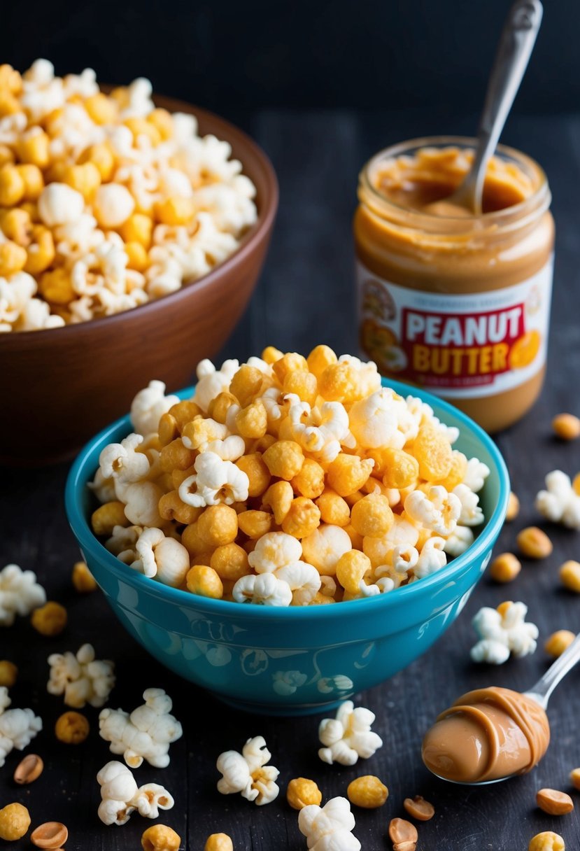 A bowl of honey peanut butter popcorn surrounded by scattered popcorn kernels and a jar of peanut butter