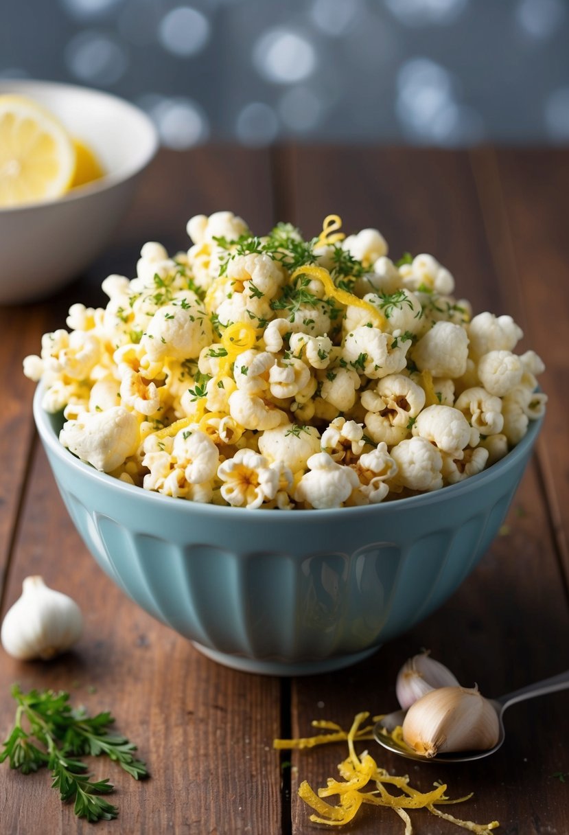 A bowl of popcorn coated in garlic, parmesan, and herbs, with a twist of lemon zest, on a wooden table