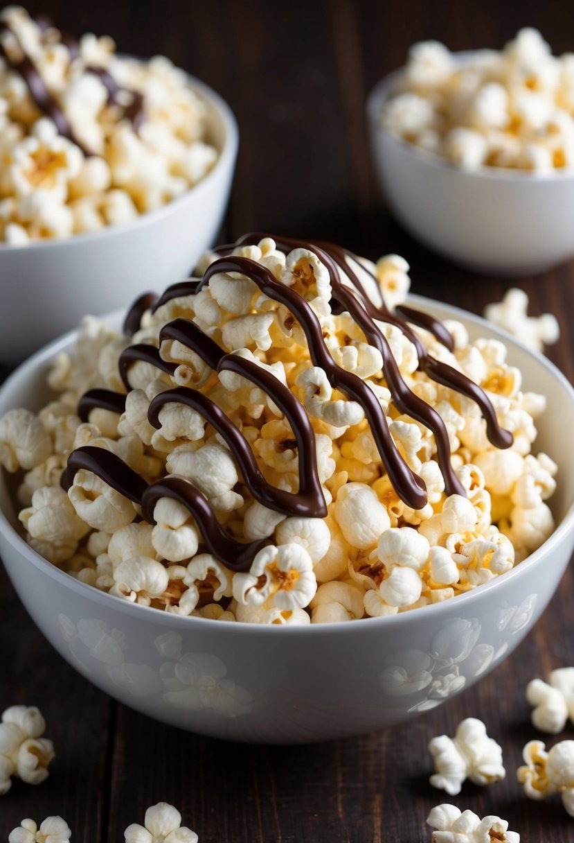 A bowl of freshly popped popcorn is drizzled with decadent chocolate, creating a mouthwatering treat