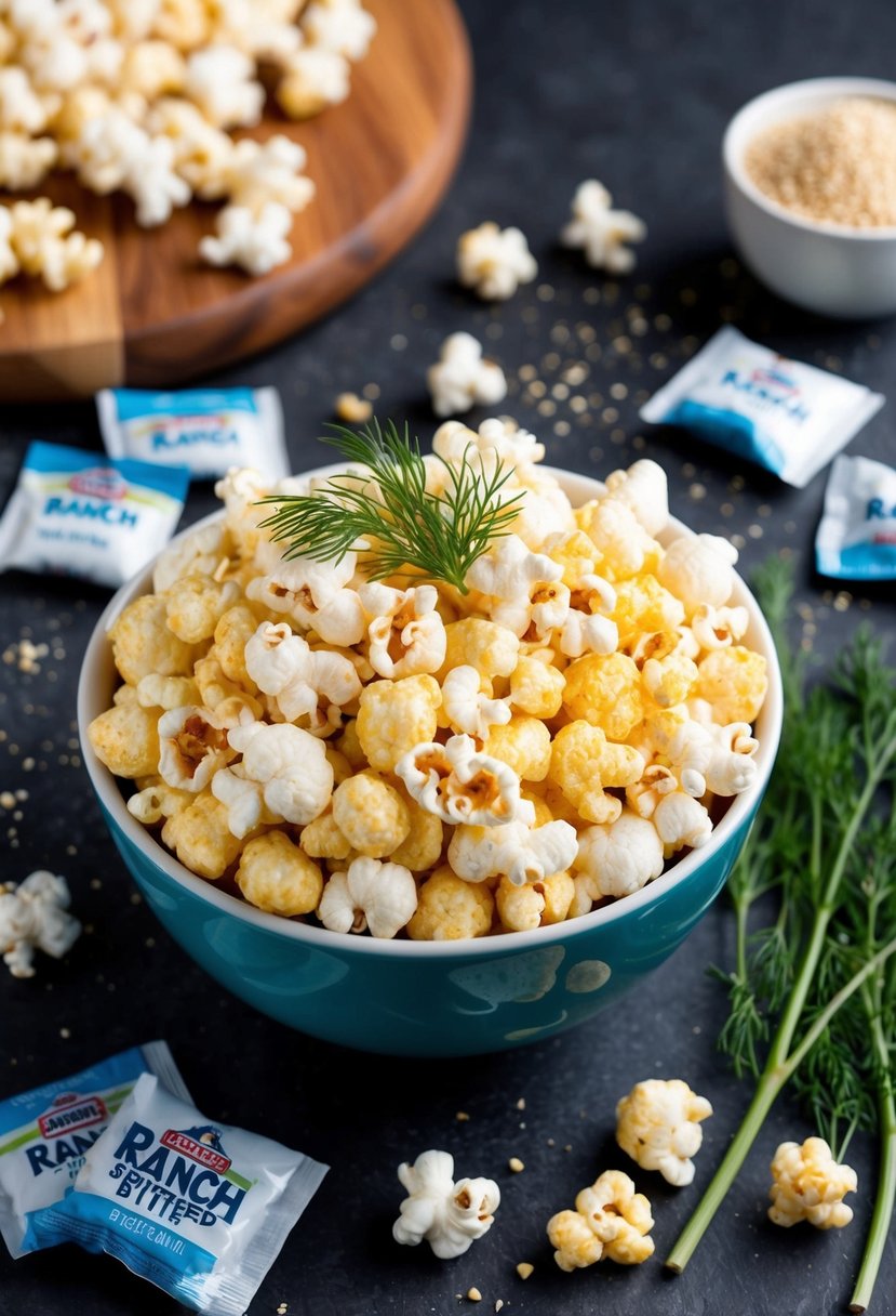 A bowl of Ranch Seasoned Bites popcorn surrounded by scattered seasoning packets and a sprig of fresh dill