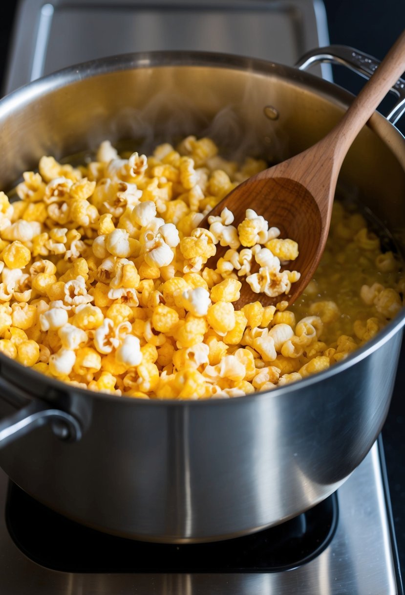 A large pot of kettle corn popcorn sizzling in hot oil, with a wooden spoon stirring the golden kernels as they pop and release a sweet aroma