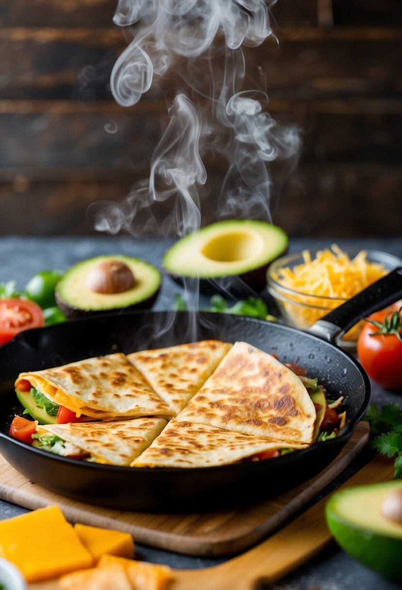 A sizzling skillet with a golden, crispy quesadilla, steam rising, surrounded by colorful ingredients like cheese, tomatoes, and avocados