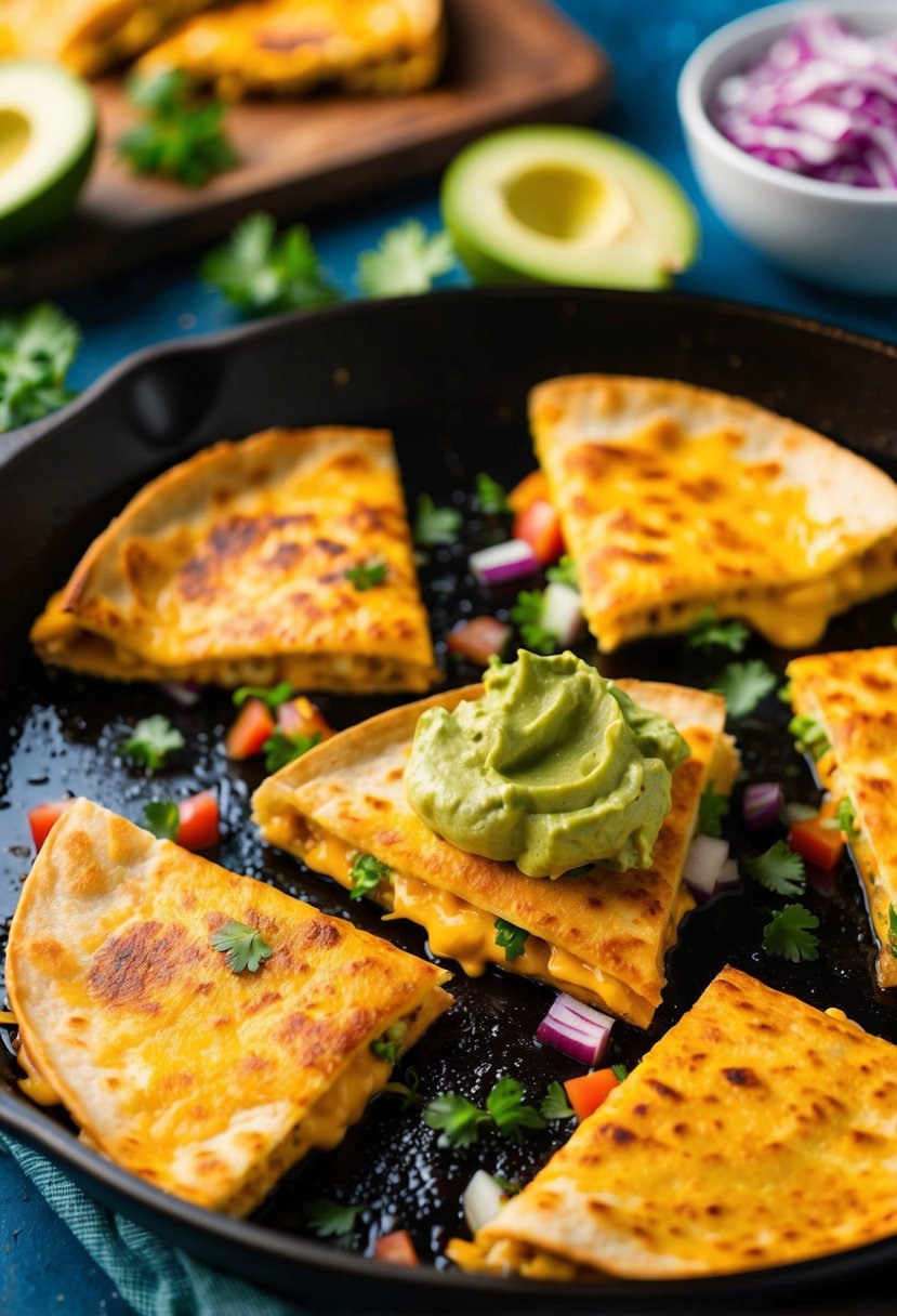 A sizzling skillet with golden-brown cheesy chicken quesadillas, surrounded by colorful toppings and a dollop of creamy guacamole