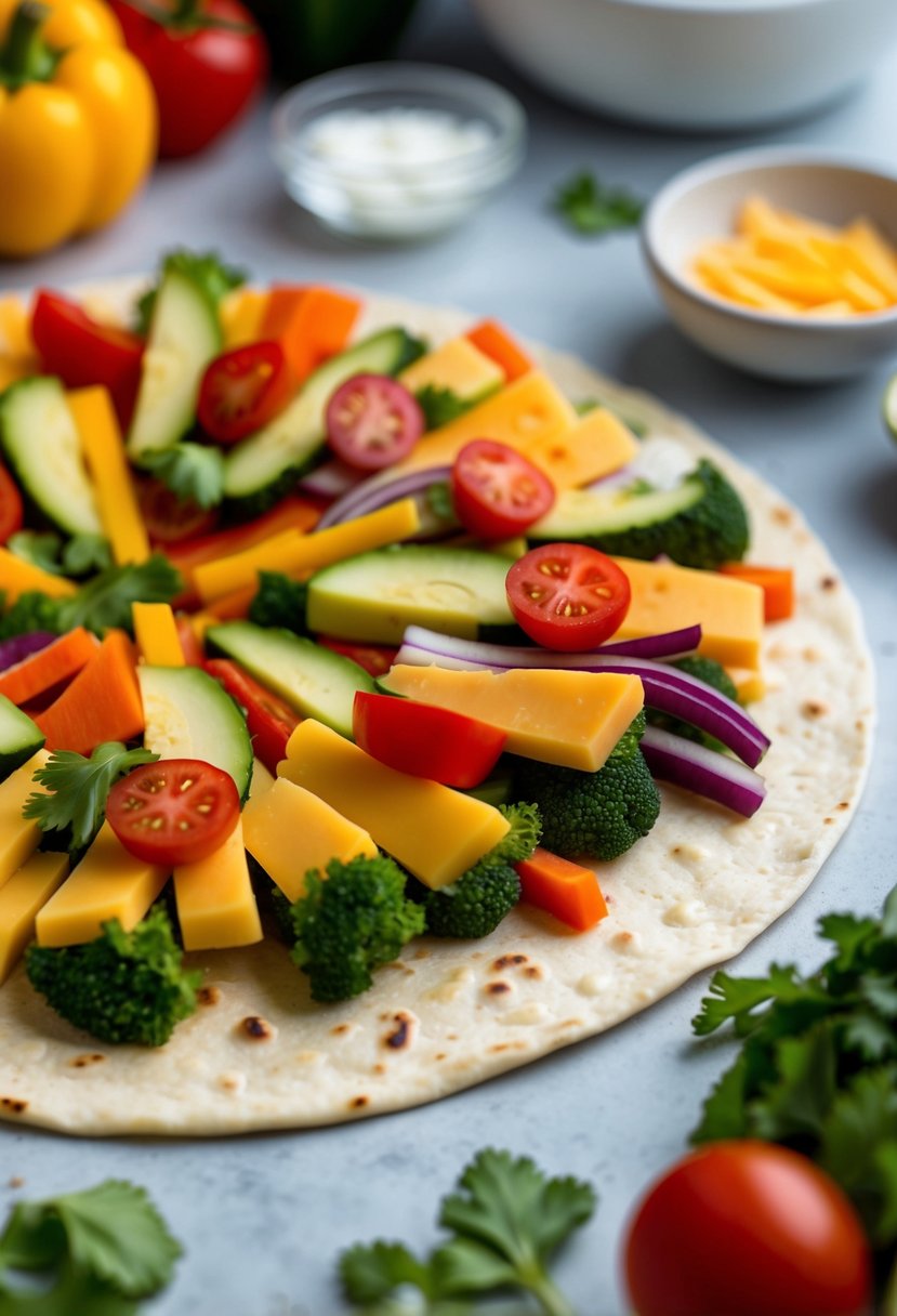 A colorful array of fresh vegetables and cheese arranged on a flour tortilla, ready to be folded and grilled to perfection