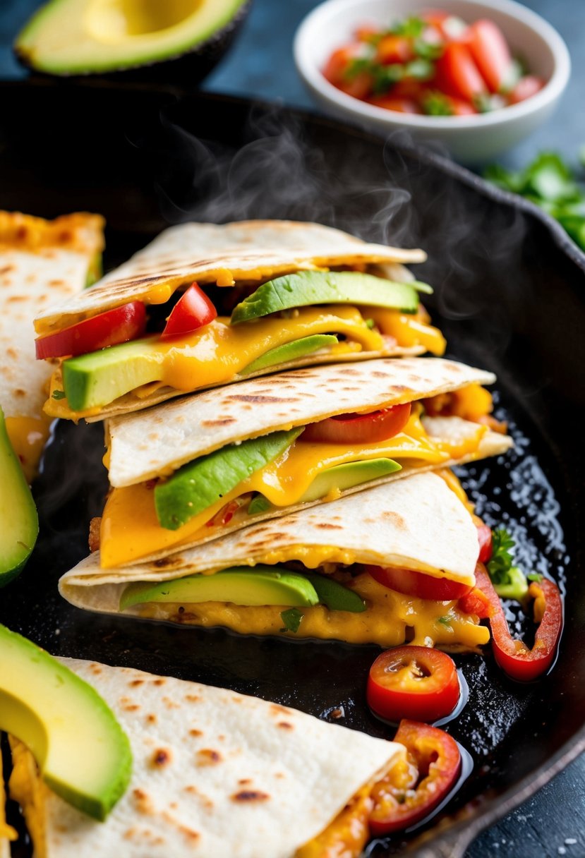 Sizzling quesadillas on a hot skillet, filled with melted cheese, sliced avocado, and spicy peppers, with a side of fresh salsa