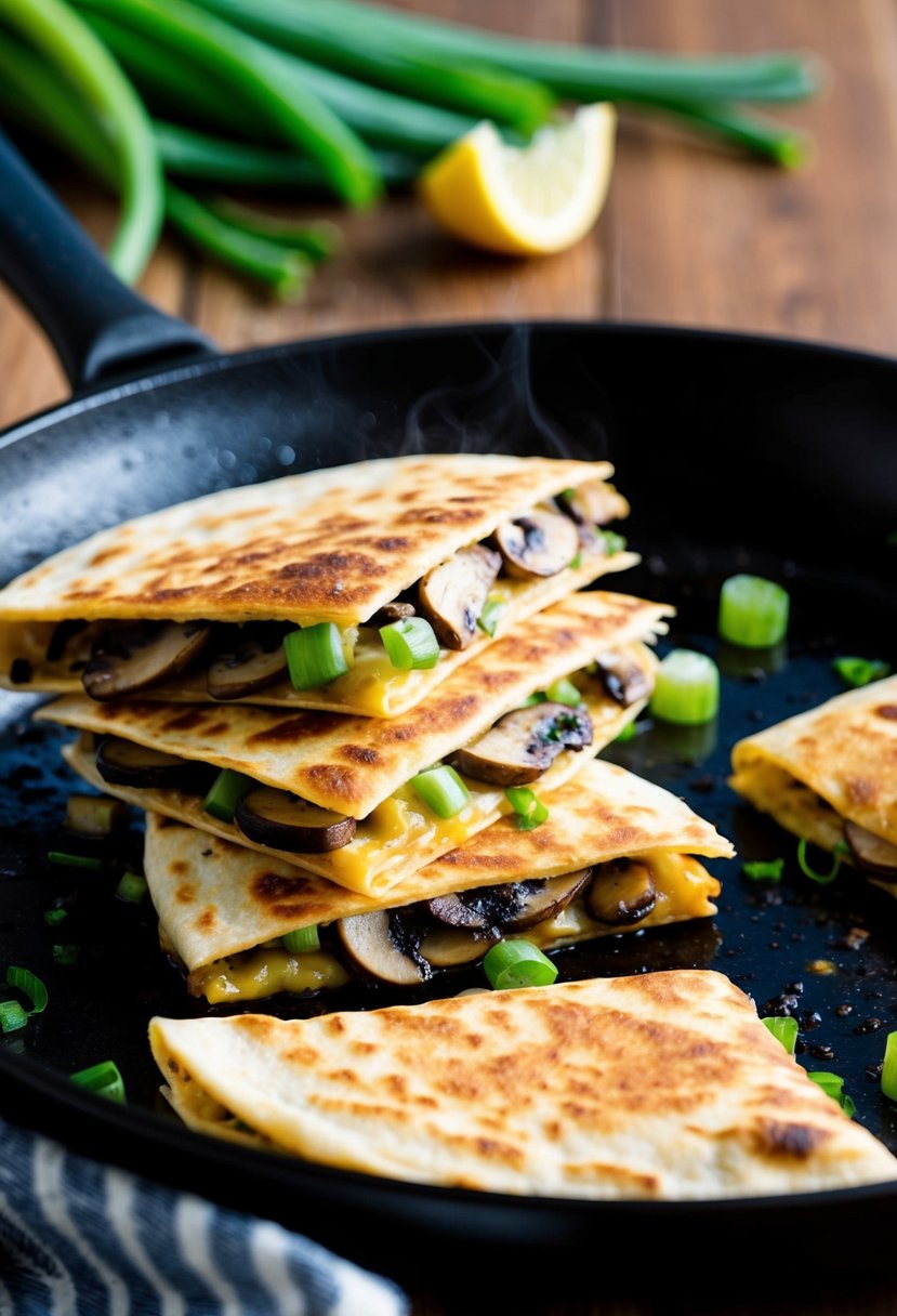 Sizzling quesadillas filled with mushrooms and green onions on a hot skillet