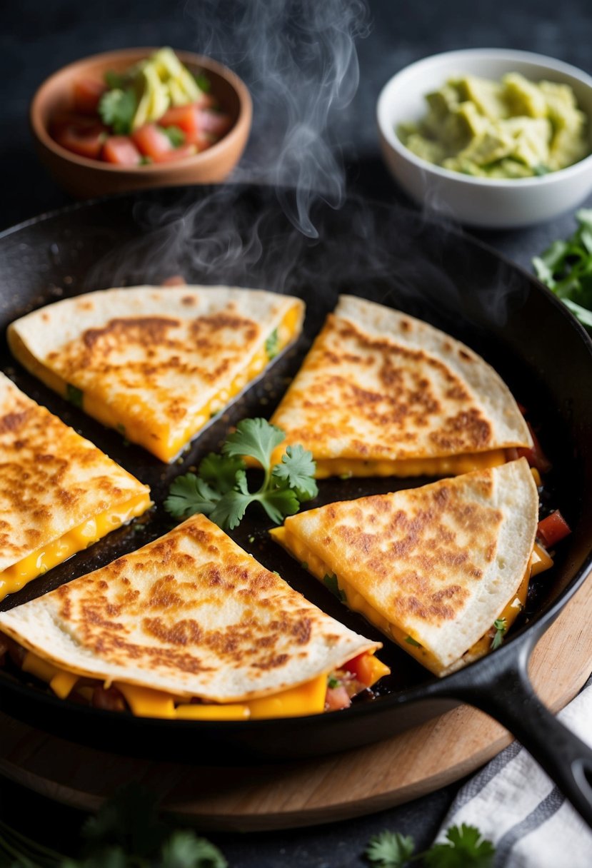 A sizzling skillet with golden-brown cheese quesadillas, steam rising. Sides of salsa and guacamole, garnished with fresh cilantro