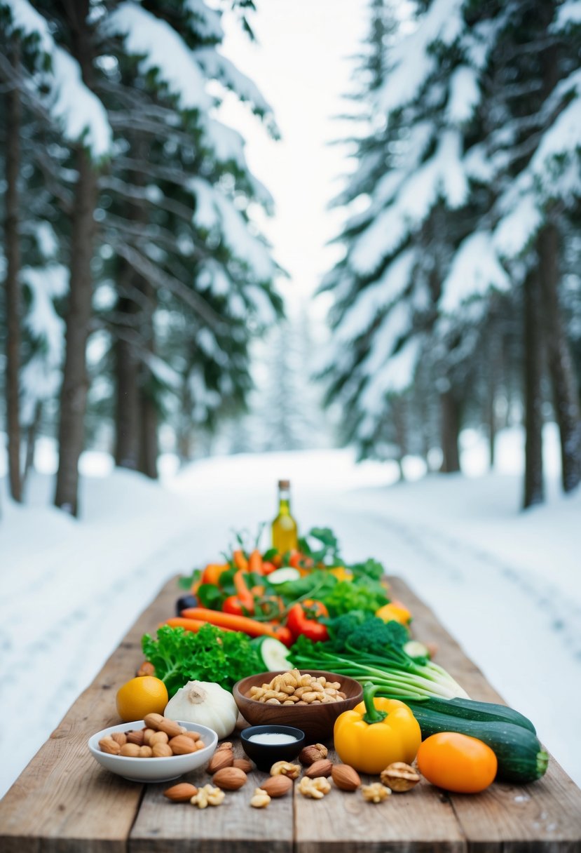 A rustic wooden table set with a variety of fresh winter vegetables, nuts, and a vinaigrette, surrounded by snow-covered trees