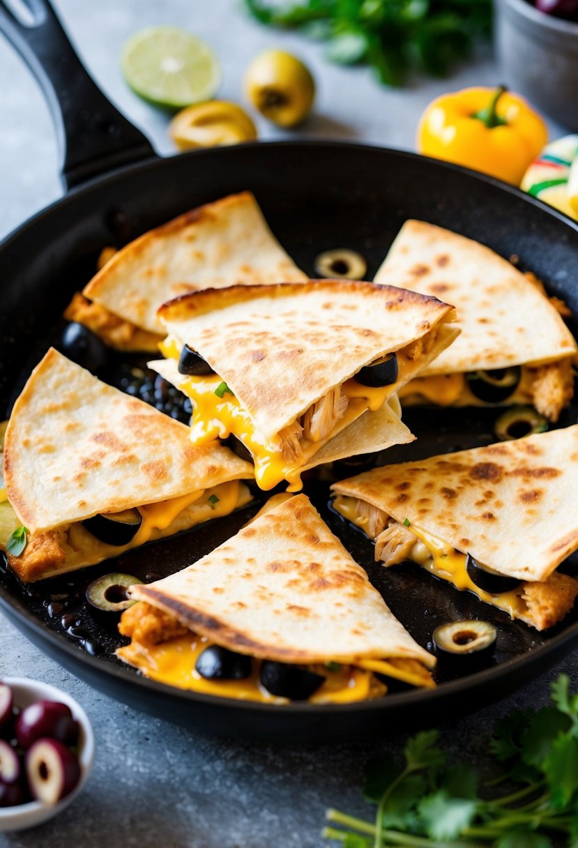 A sizzling skillet with golden-brown quesadillas filled with chicken, melted cheese, and sliced black olives, surrounded by colorful ingredients and garnishes