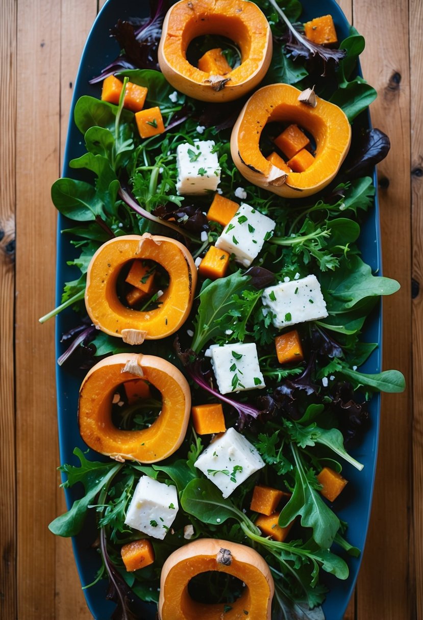 A wooden table with a colorful array of roasted butternut squash, feta cheese, and fresh greens arranged in a vibrant winter salad