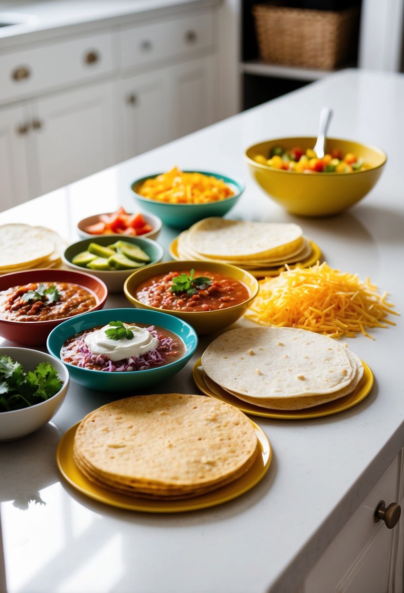 A colorful spread of salsa, shredded cheese, and tortillas laid out on a clean kitchen counter