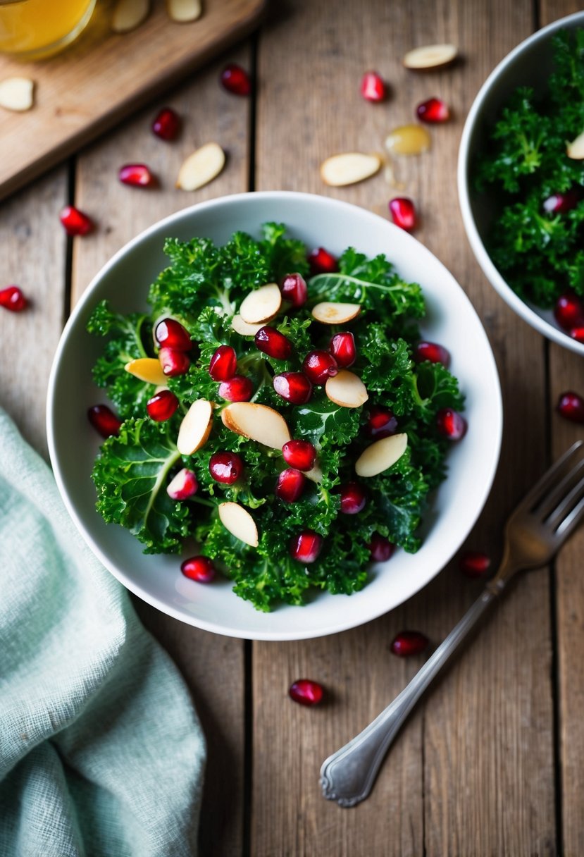 A vibrant kale salad with scattered pomegranate seeds, sliced almonds, and a light vinaigrette, set on a rustic wooden table