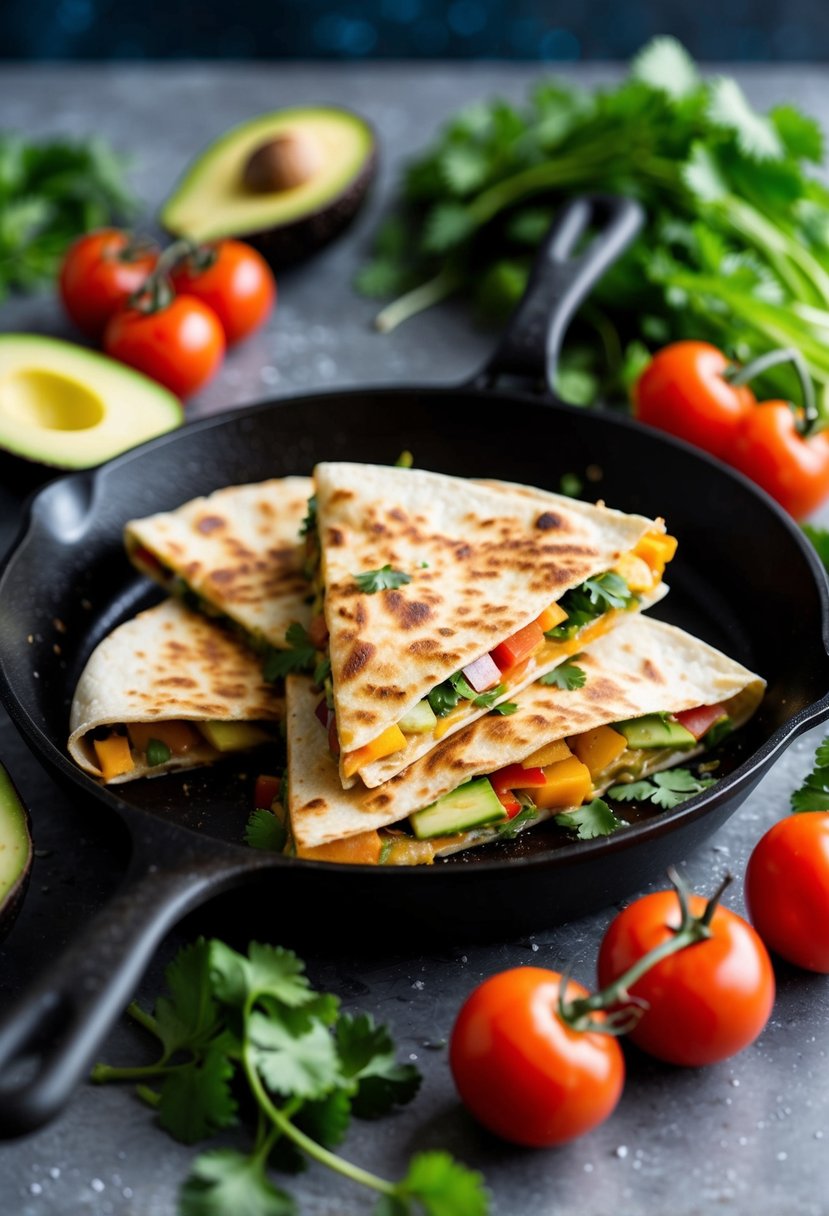 A sizzling skillet with colorful vegetable-filled quesadillas, surrounded by fresh ingredients like tomatoes, avocados, and cilantro