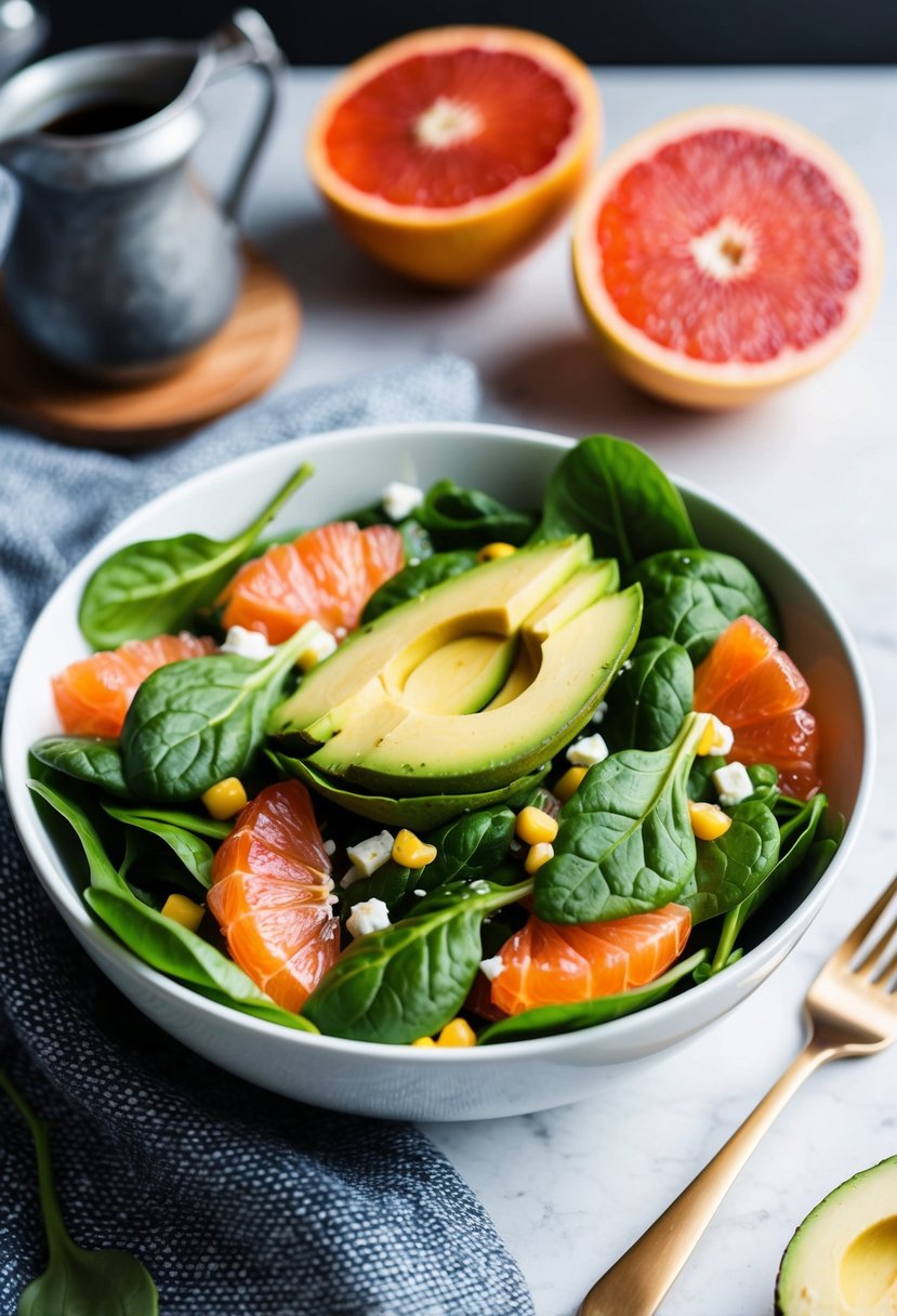 A bowl filled with fresh spinach, sliced grapefruit, and ripe avocado, all tossed together in a vibrant winter salad