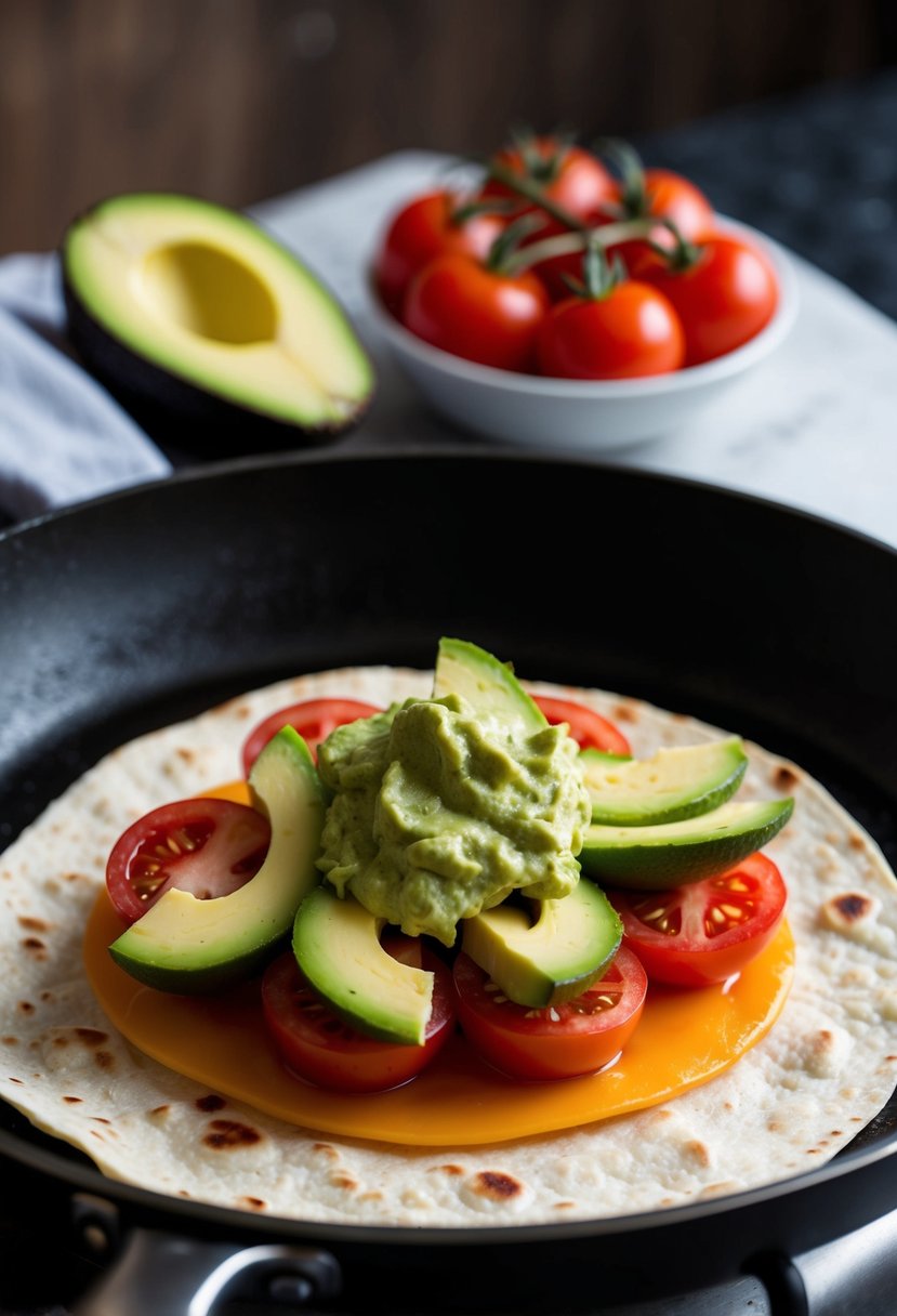 Fresh avocados, tomatoes, and cheese on a tortilla, sizzling on a hot skillet. A dollop of guacamole spread on top