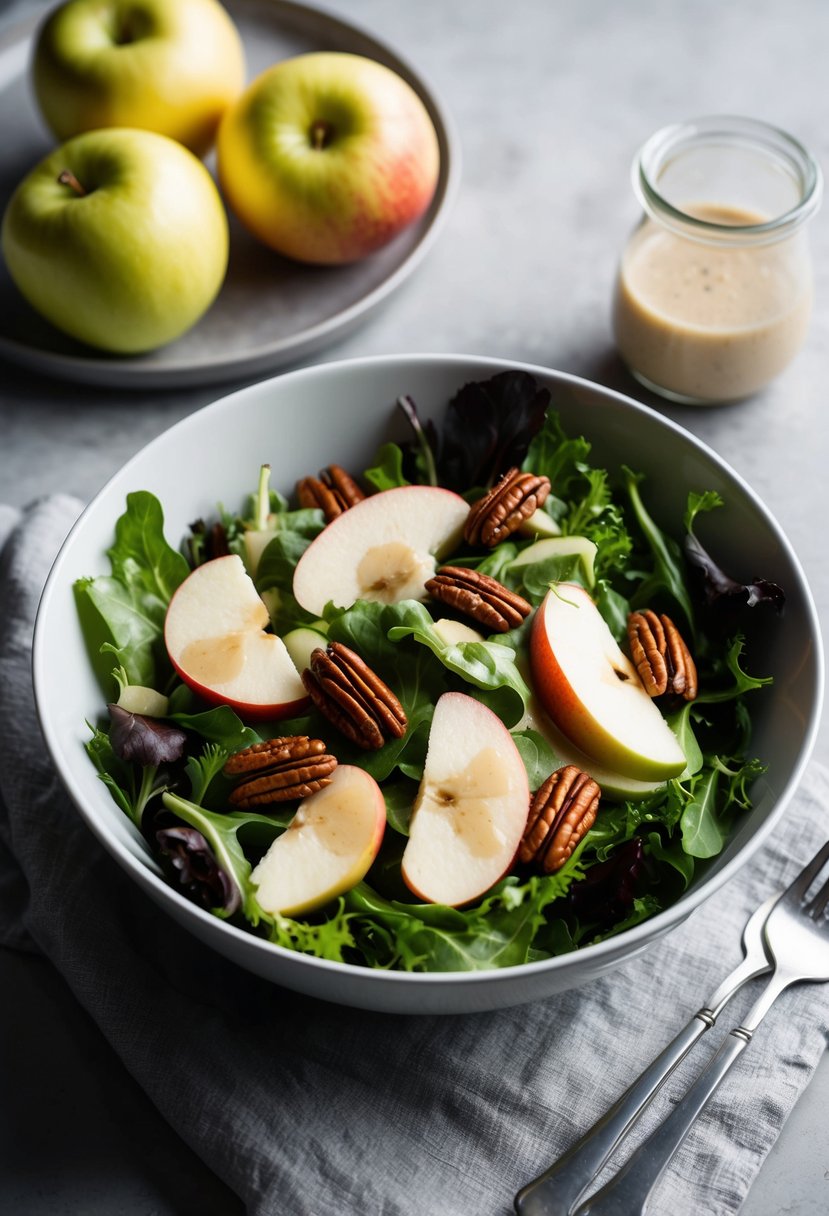 A bowl of mixed greens topped with sliced apples, pecans, and a light vinaigrette dressing