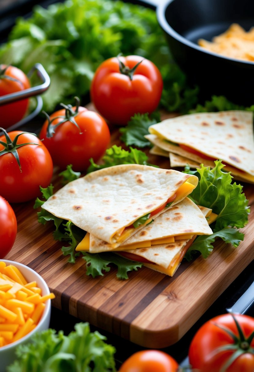 Fresh lettuce and ripe tomatoes arranged on a wooden cutting board, surrounded by tortillas and cheese. A skillet sits on a stovetop, ready to cook the quesadillas