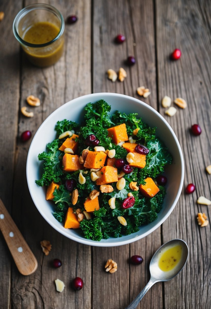 A rustic wooden table with a bowl of vibrant kale and sweet potato salad, surrounded by scattered ingredients like nuts, cranberries, and a drizzle of vinaigrette