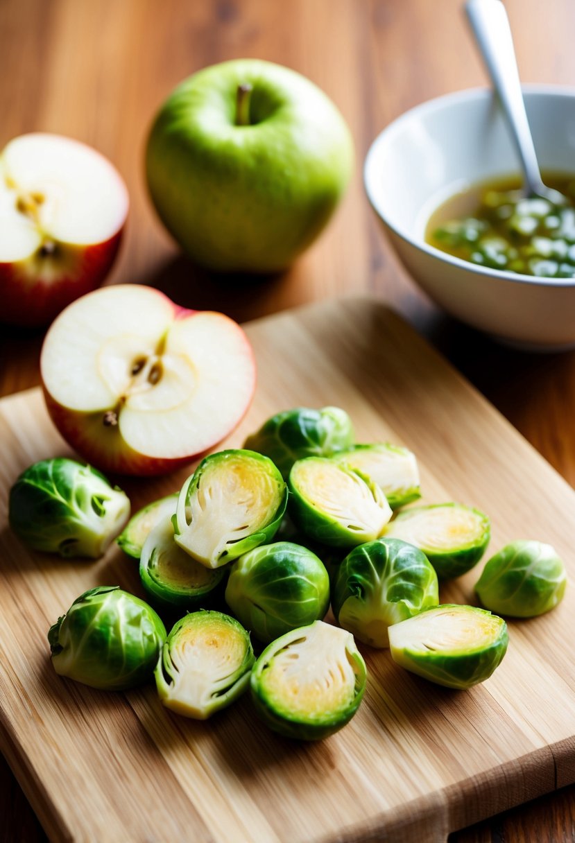 A wooden cutting board with sliced Brussels sprouts, apples, and a bowl of vinaigrette