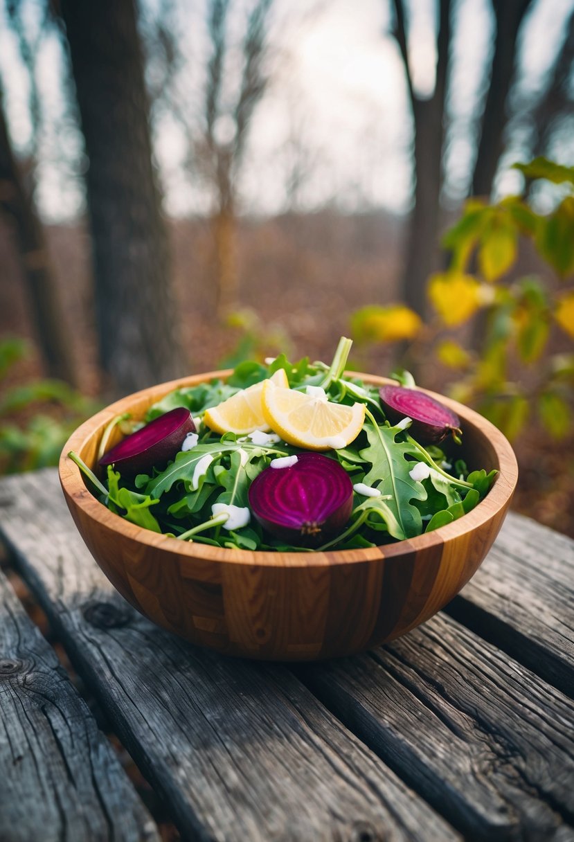 A wooden salad bowl filled with arugula, beets, and lemon dressing, surrounded by winter foliage