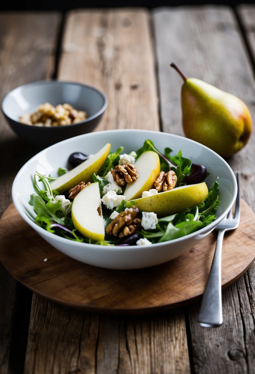 A rustic wooden table set with a bowl of mixed greens, sliced pears, walnuts, and crumbled goat cheese, with a drizzle of vinaigrette