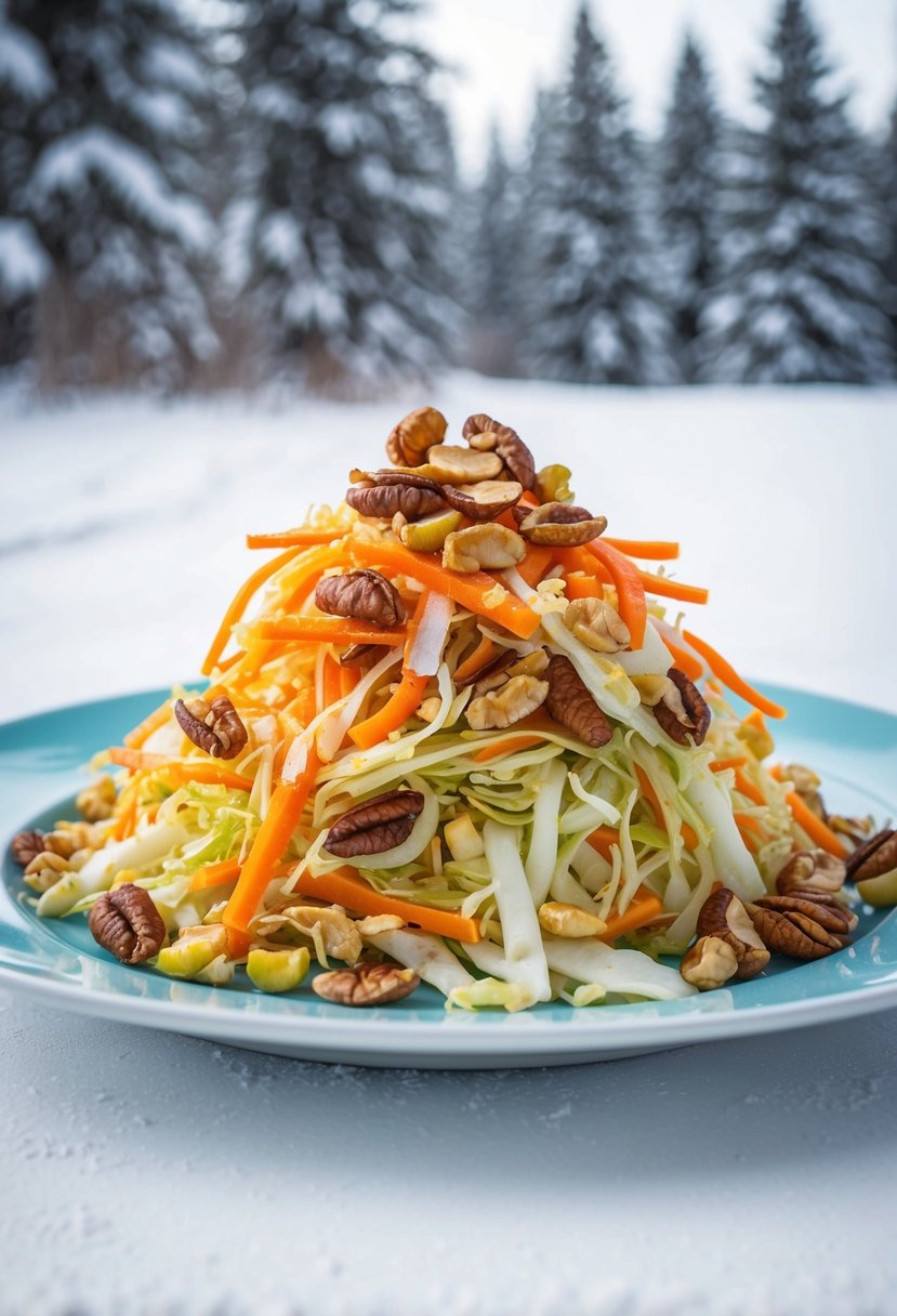 A colorful pile of shredded cabbage and carrots mixed with nuts, arranged on a plate with a winter backdrop of snow-covered trees