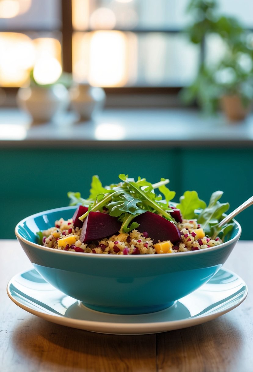 A colorful bowl of quinoa and beet salad topped with fresh arugula leaves