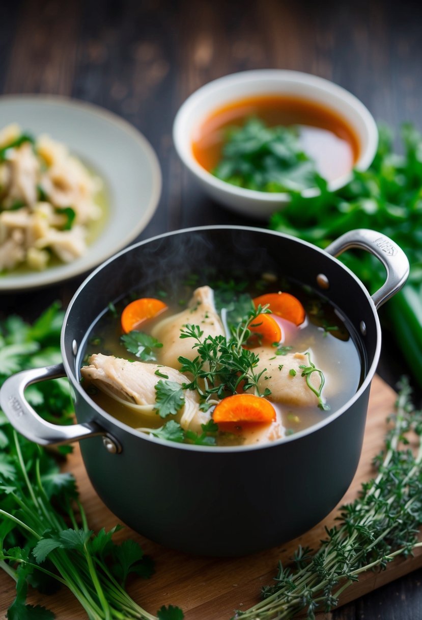 A pot of simmering chicken broth surrounded by fresh herbs and vegetables