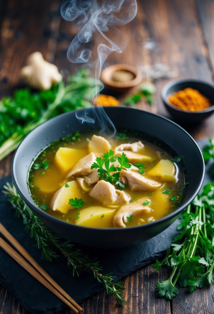 A steaming bowl of ginger-infused chicken broth surrounded by fresh herbs and spices