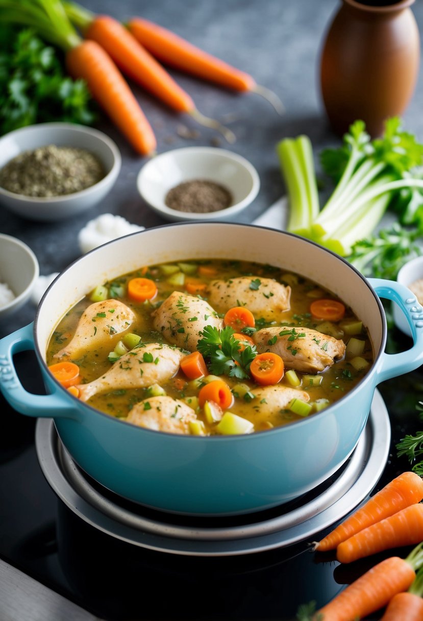 A bubbling pot of hearty chicken and vegetable stew simmers on a stovetop, surrounded by ingredients like carrots, celery, and herbs