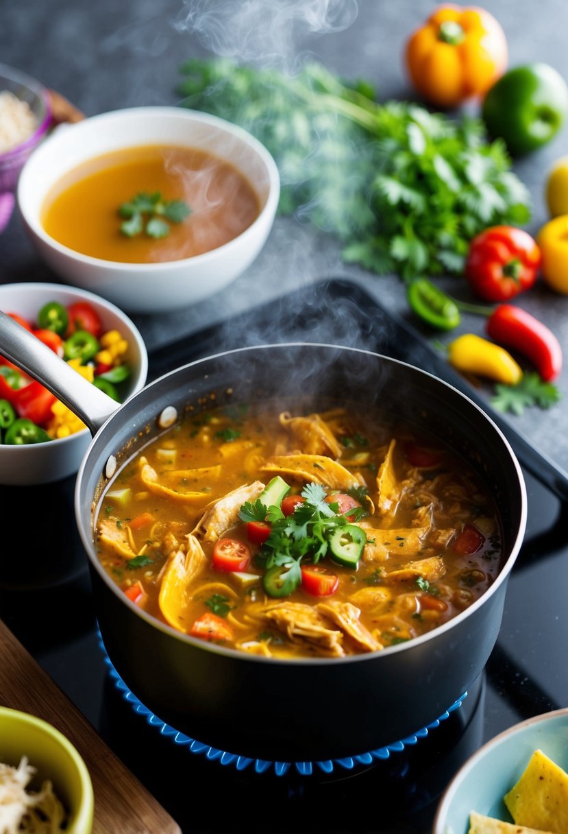 A steaming pot of Spicy Chicken Tortilla Soup simmers on a stovetop, surrounded by colorful ingredients and a bowl of chicken broth