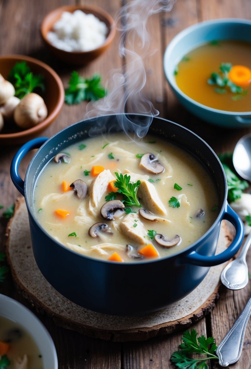 A steaming pot of creamy chicken and mushroom soup sits on a rustic wooden table, surrounded by fresh ingredients and a bowl of homemade chicken broth