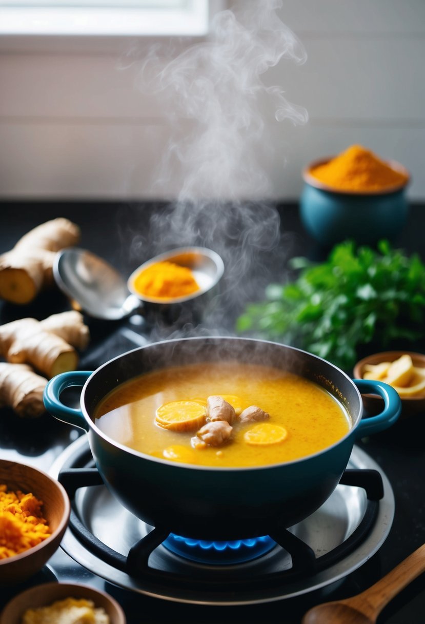 A steaming pot of golden turmeric and ginger healing broth simmers on the stove, surrounded by fresh ingredients and a ladle