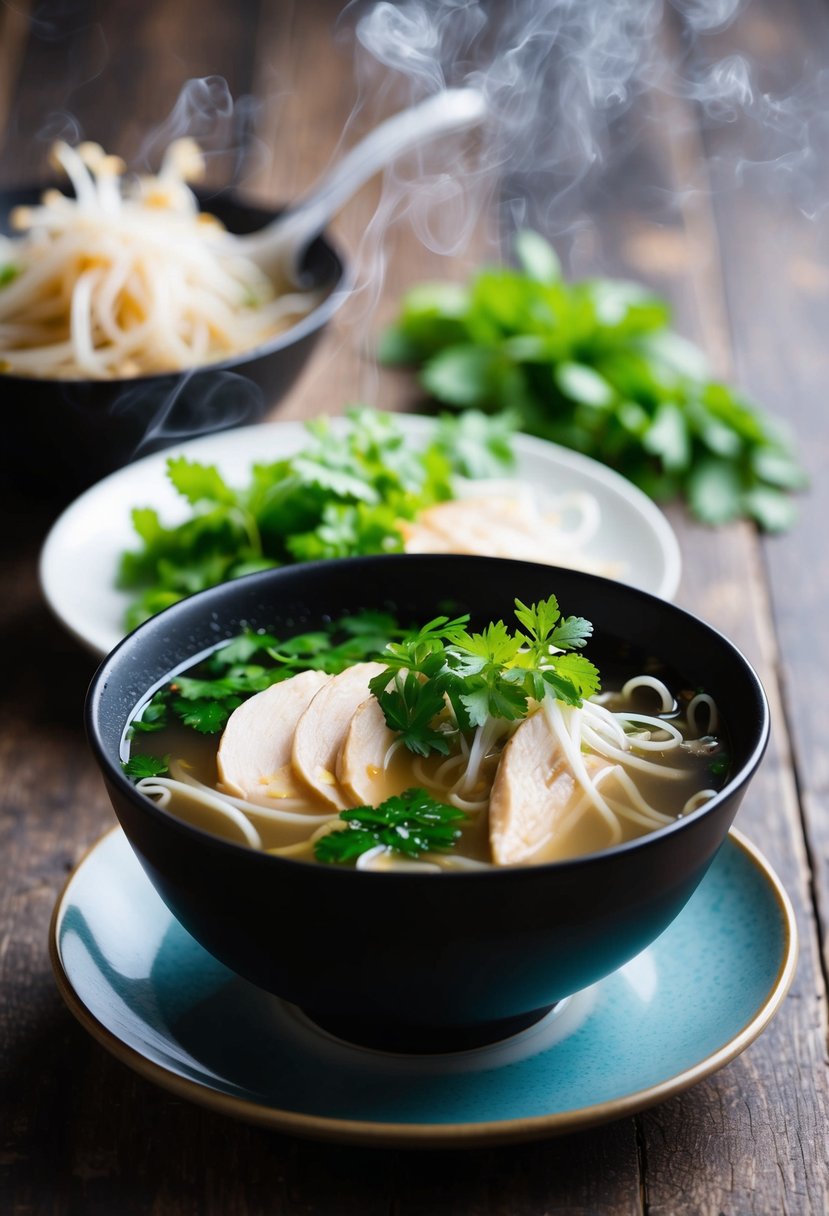 A steaming bowl of pho with chicken broth, garnished with tender slices of chicken, fresh herbs, and bean sprouts, served on a rustic wooden table