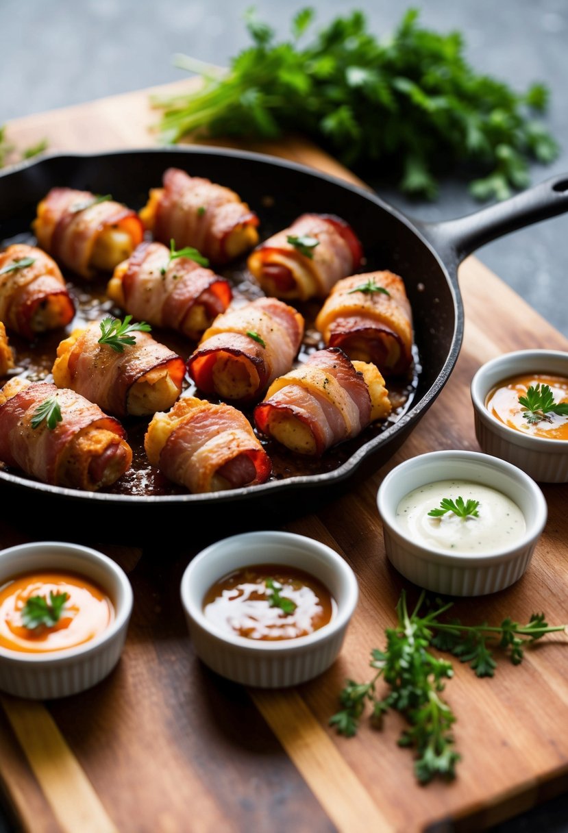 A sizzling skillet of bacon-wrapped appetizers on a wooden serving board, accompanied by small dishes of dipping sauces and garnished with fresh herbs