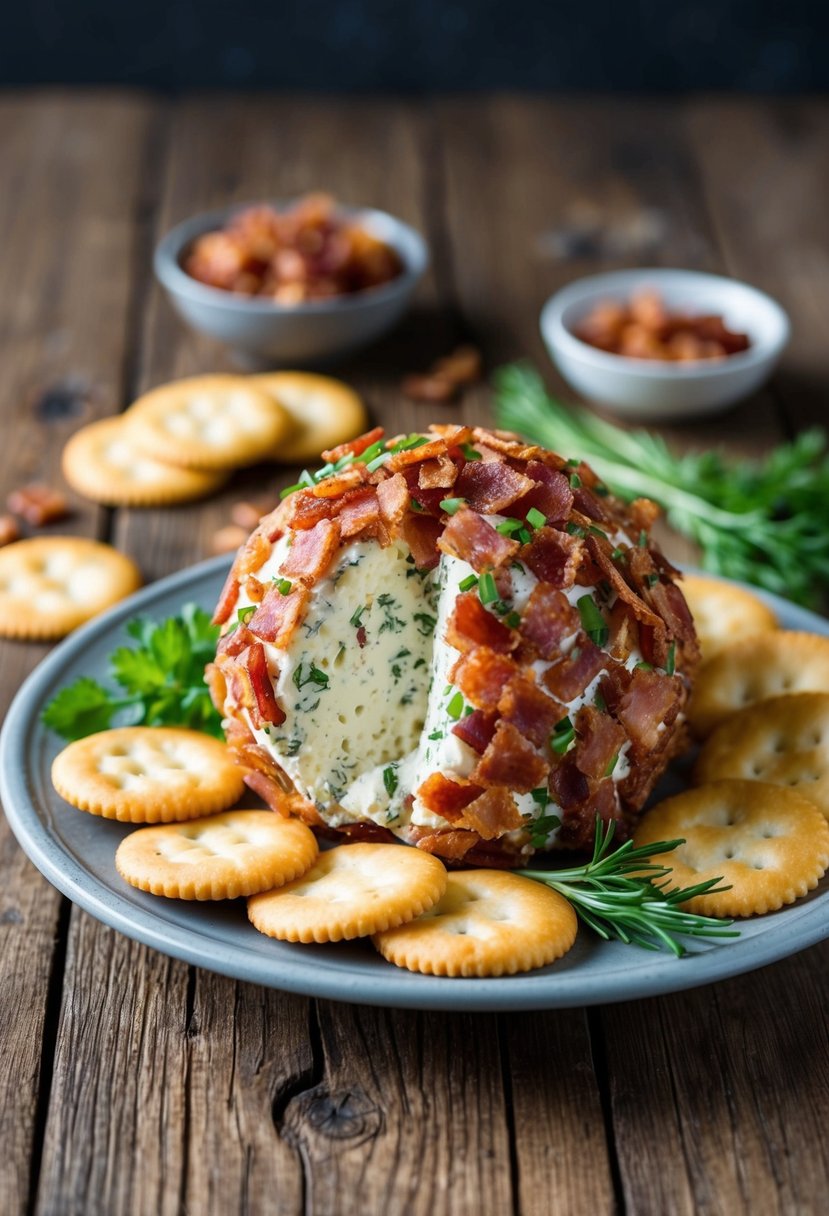 A rustic wooden table with a bacon ranch cheese ball surrounded by crackers, fresh herbs, and crispy bacon bits