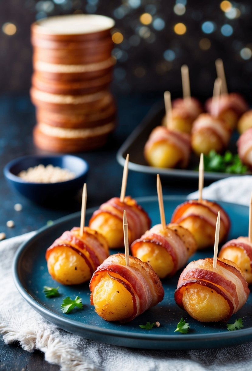 Crispy bacon-wrapped potato bites on a serving platter with toothpicks