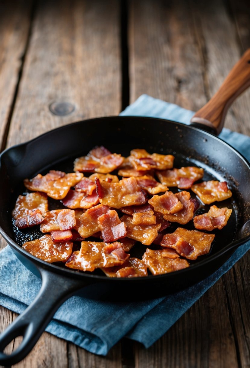 A sizzling skillet of maple bacon brittle on a rustic wooden table