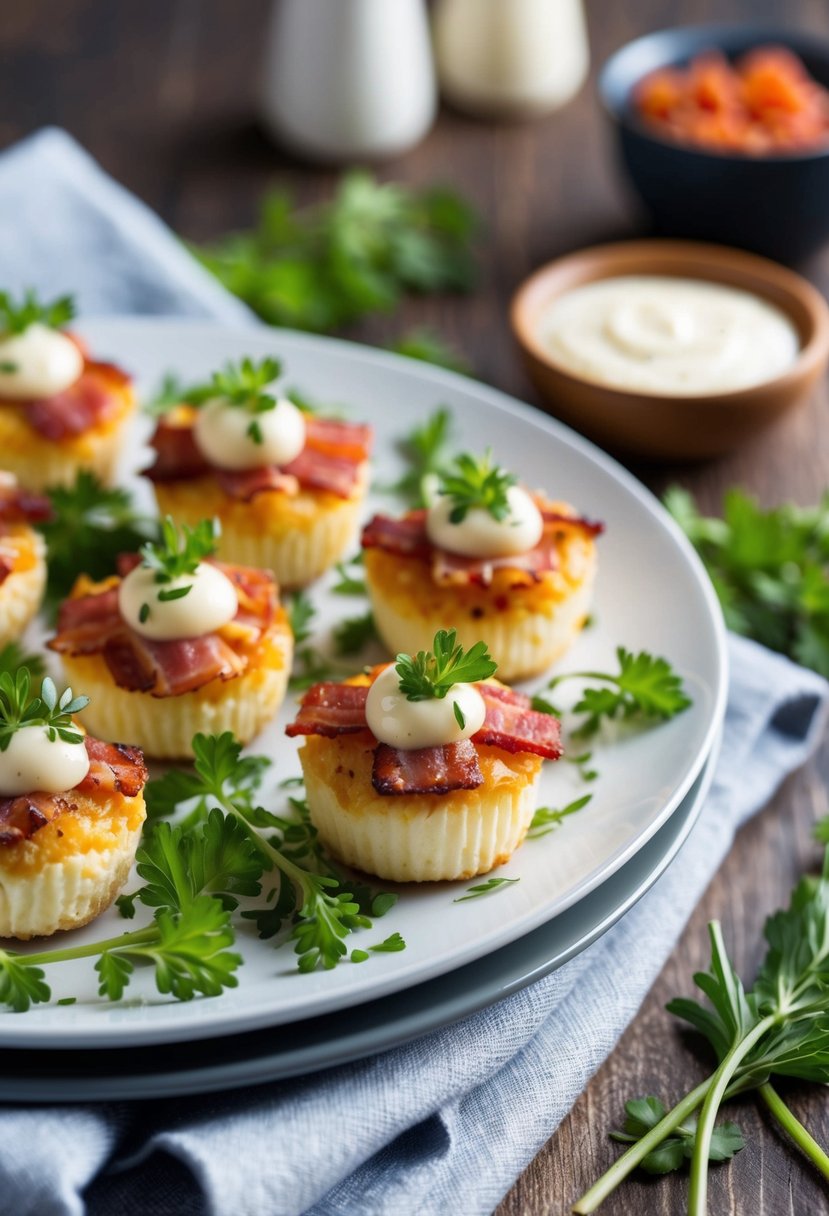 A plate of bacon cream cheese bites surrounded by fresh herbs and served with a side of dipping sauce