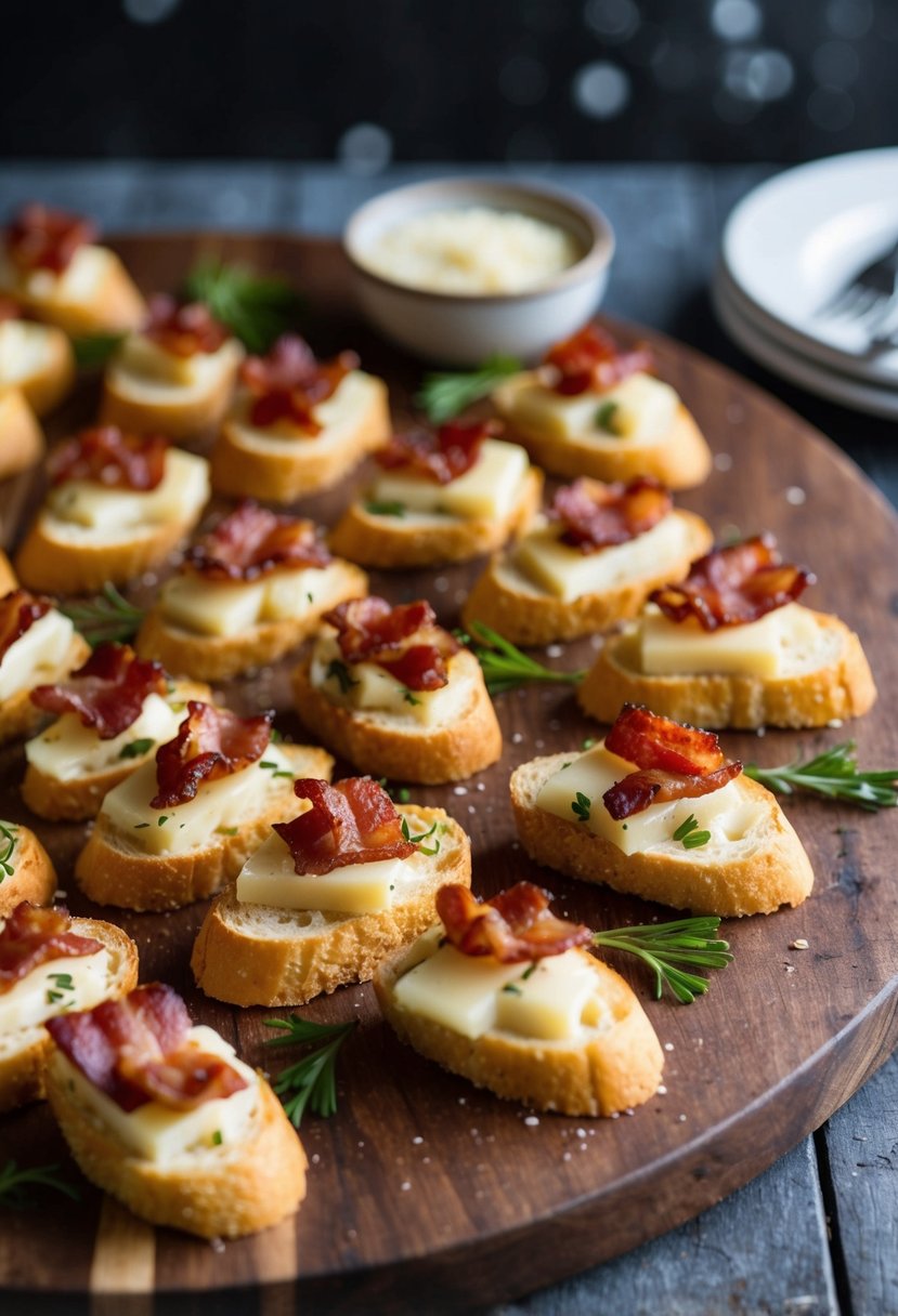 A platter of crispy crostini topped with smoky pimiento cheese and crispy bacon, arranged on a rustic wooden board