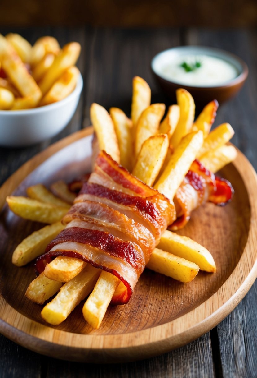 Golden fries wrapped in crispy bacon on a wooden platter