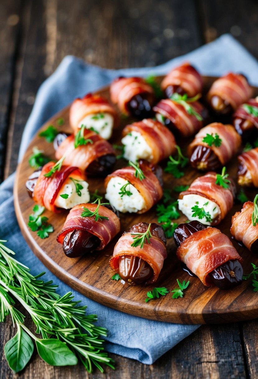 A platter of bacon-wrapped dates with goat cheese, garnished with fresh herbs, served on a rustic wooden board