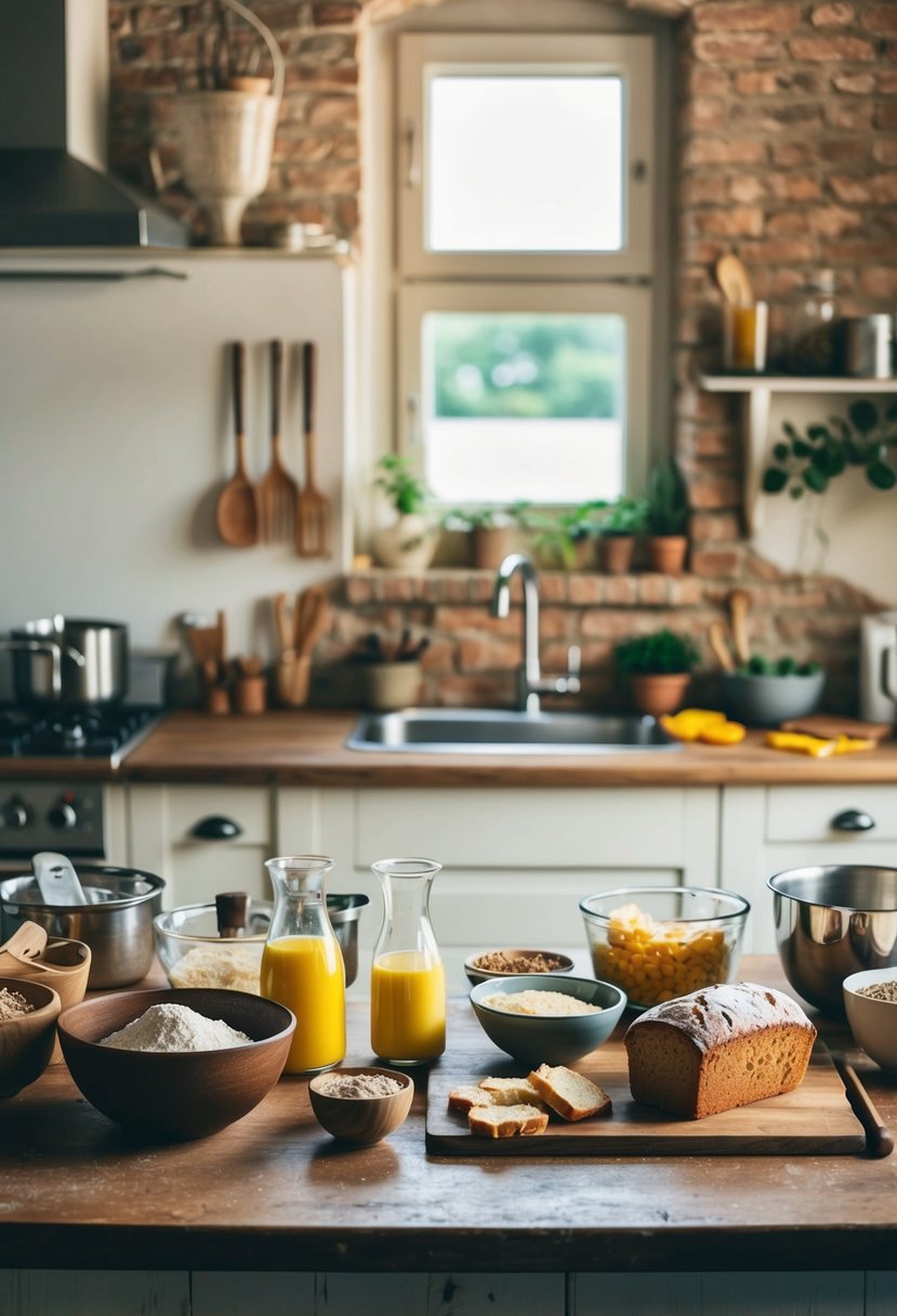 A rustic kitchen counter with assorted ingredients and utensils for making quick bread recipes