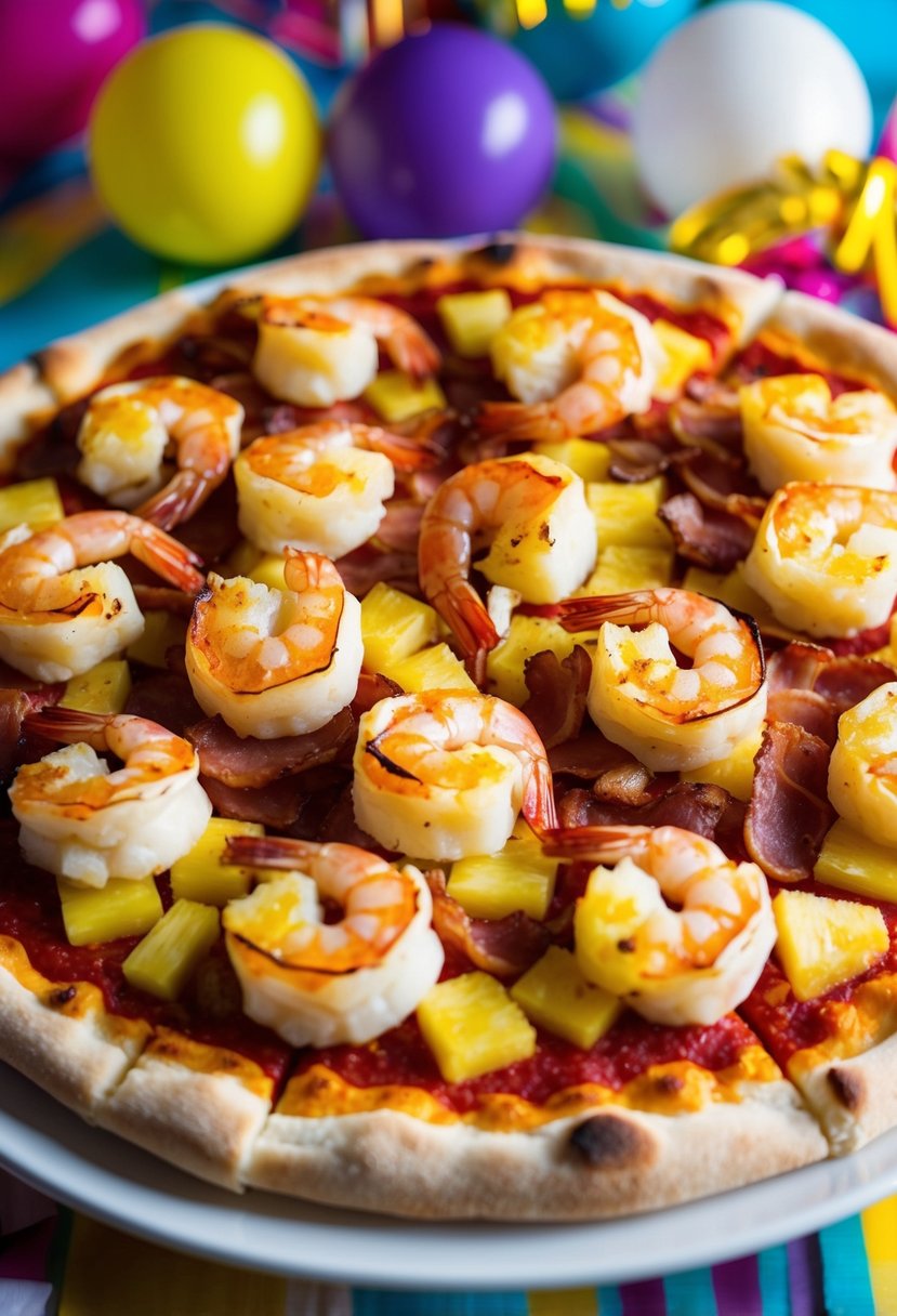 A colorful pizza topped with shrimp, pineapple, and bacon, surrounded by party decorations